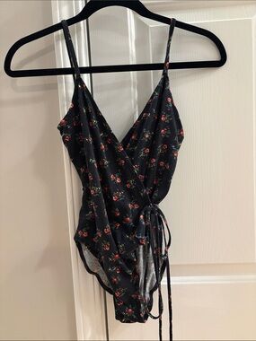Urban Outfitters Black Floral Wrap-Front Bodysuit